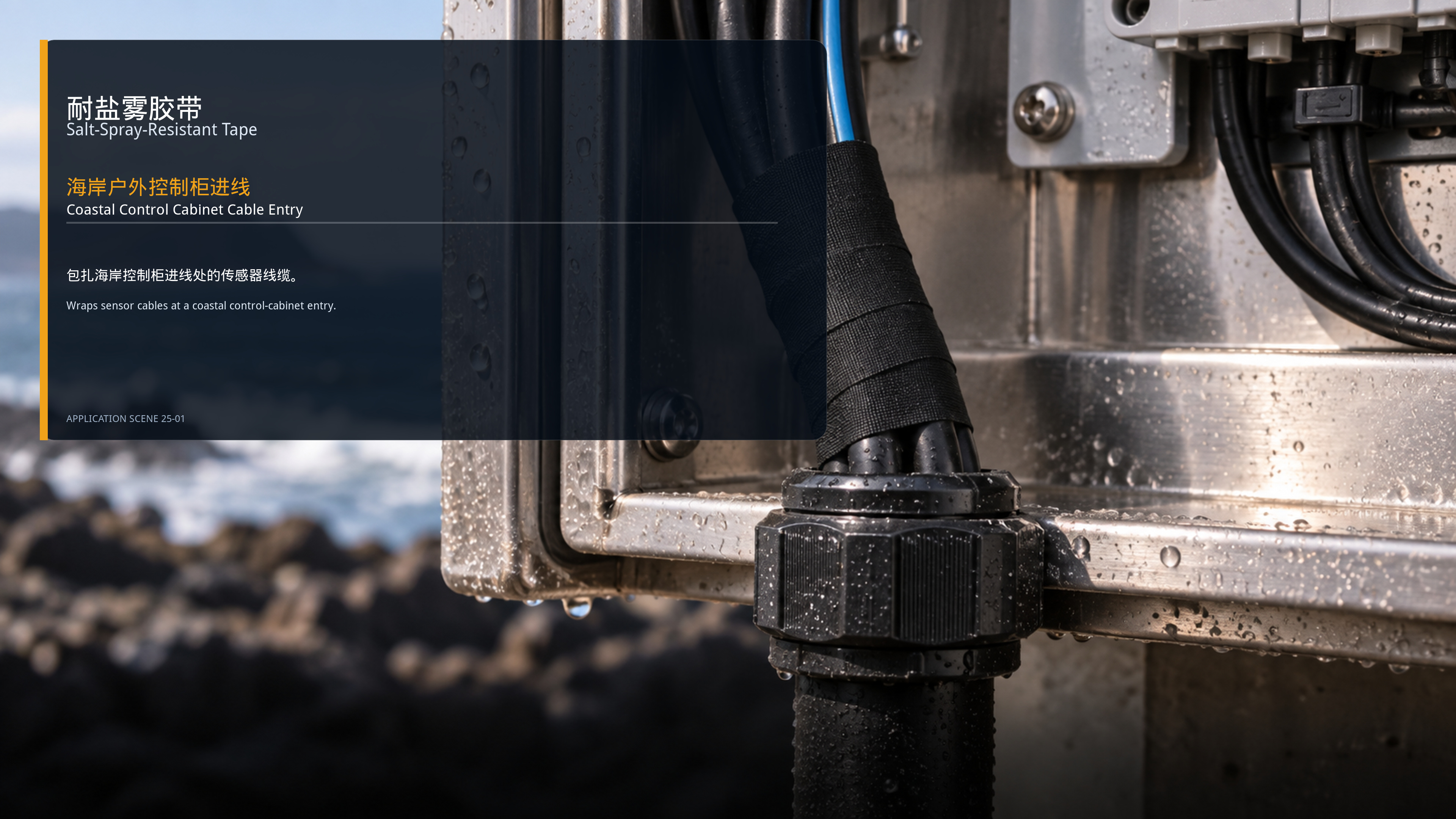 Acid, alkali and salt exposure — Application illustration; not a verified customer installation. Original artwork contains Chinese and English text.