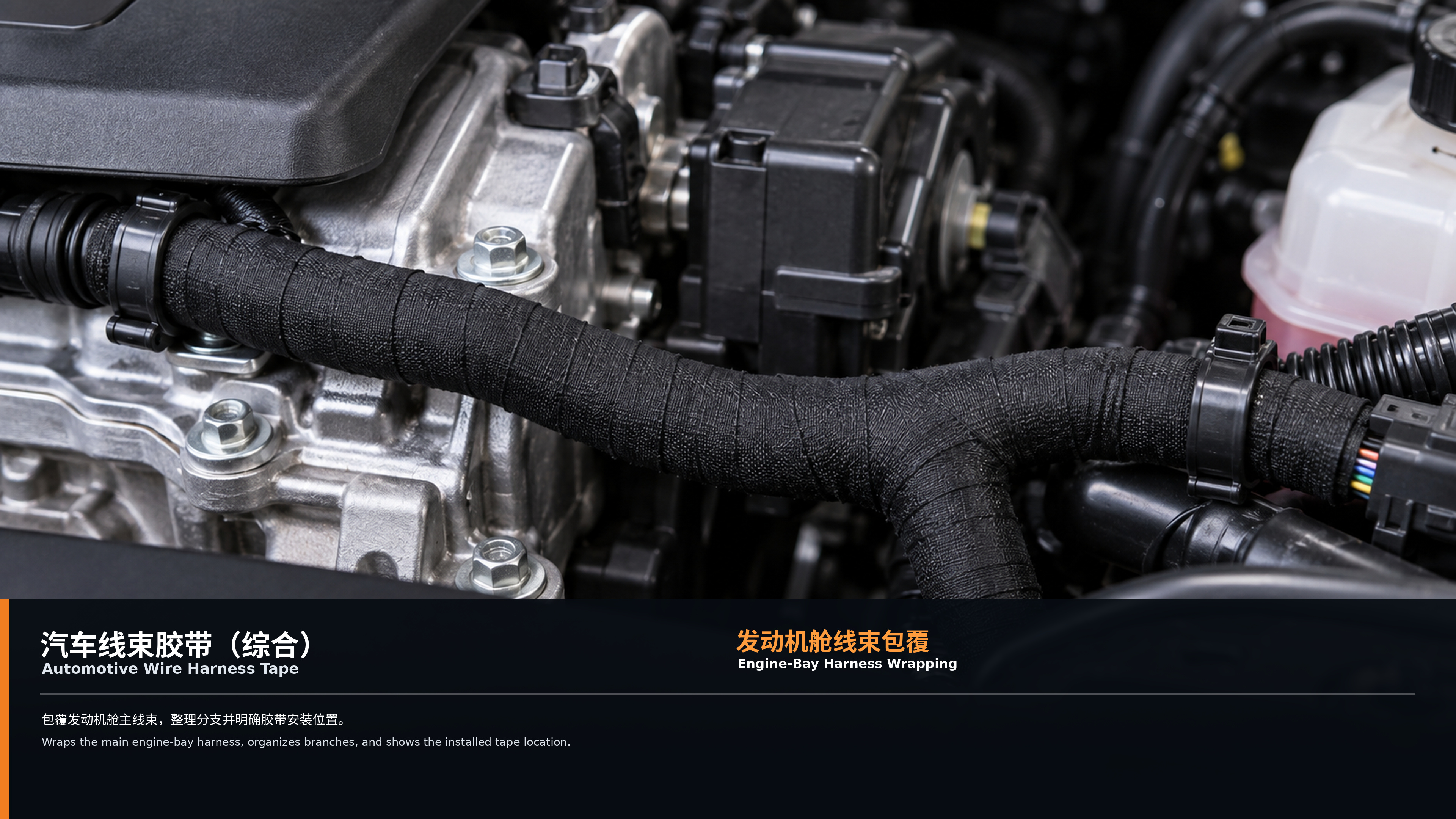 Wire-harness wrapping — Application illustration; not a verified customer installation. Original artwork contains Chinese and English text.